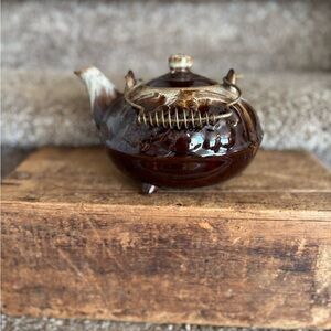 Brown Ceramic Teapot with Brass Handle - Rustic Home Kitchen